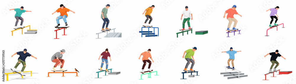 Fototapeta premium Set of skateboarders performing street tricks on rails and ledges, flat vector illustration isolated on white background