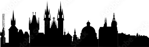 City skyline silhouette features detailed historic European architecture and iconic gothic church spires.