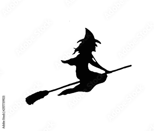Witch riding a broomstick appears as a sharp black silhouette, symbolizing traditional folklore and seasonal holiday themes.