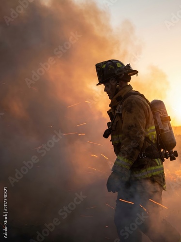 brave firefighter in protective gear and helmet walking through thick smoke and flying sparks. emergency response, rescue operation, danger concept. heroic profession. copyspace.