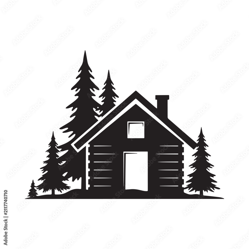 Obraz premium Cabin And Evergreen Trees Silhouette On White Background