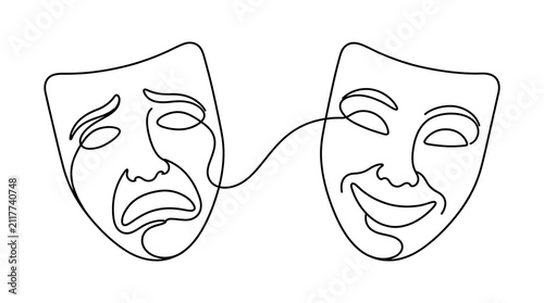 Continuous Line Art of Comedy and Tragedy Theater Masks