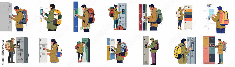 Fototapeta premium Collection of Travelers and Hikers Using Modern Smart Lockers with Digital Access, Biometric Security, and Mobile Apps in a Flat Illustration Style