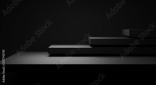 Minimalist 3D render of black geometric pedestals arranged in a stepped podium formation for dark product display