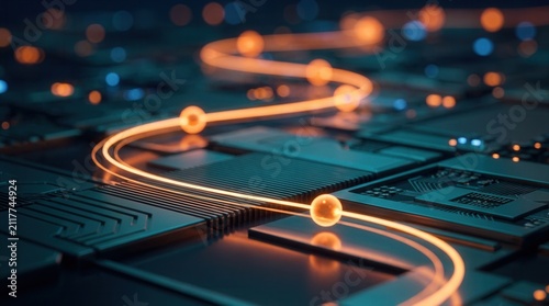 Futuristic technology concept for smart cities and analytics featuring an abstract digital network with glowing orange nodes.