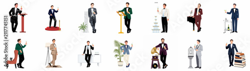 Collection of elegant men in formal attire celebrating with champagne at luxury events, vector illustrations of gentlemen in stylish tuxedos and suits.