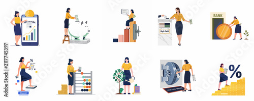 Set of flat illustrations featuring a businesswoman engaged in various financial activities like saving, investing, and managing money for high-yield returns.