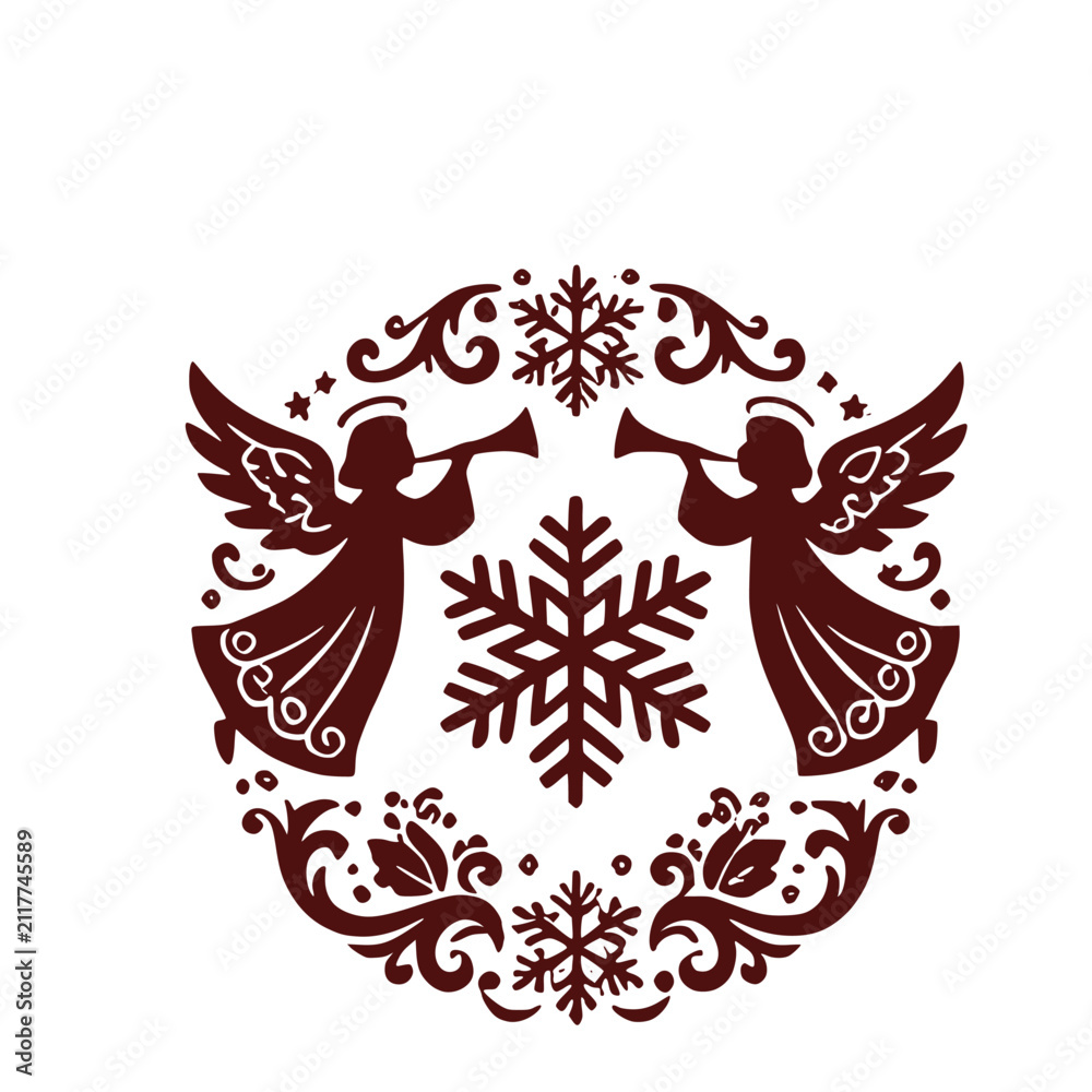 Fototapeta premium Dark red winter holiday silhouette icon featuring two heavenly angels blowing trumpets around a central snowflake vector graphic design element for festive art