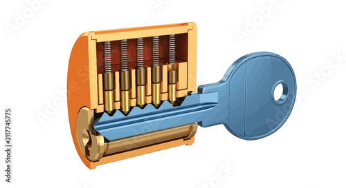 Canvastavla Cutaway Lock Mechanism With Key 3d Render Illustration