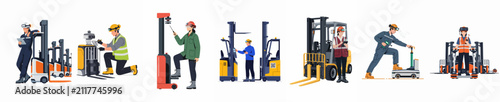 Modern warehouse workers using smart technology and AR glasses to operate automated forklifts and logistics equipment in a digitalized industrial storage facility environment.