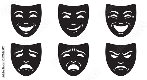 Фотография Six theatrical masks in black silhouette drama