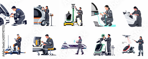 Technicians and Engineers Maintaining Futuristic Autonomous Vehicles and Spacecraft Set