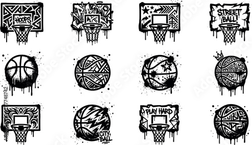 Fotografie Street basketball graffiti icon vector set featuring hoops backboards balls text elements textured ink splatters and paint drip graphics