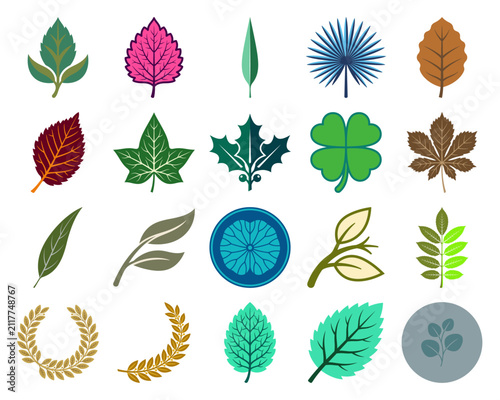 Colorful collection of leaf icons and organic symbols for ecology design, environmental themes, and botanical illustrations.