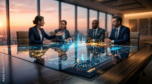 Futuristic holographic data display used by business people meeting for innovation and growth strategy.