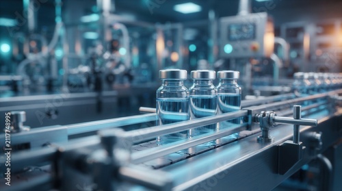 Sterile manufacturing process for medical drugs with clear glass vials containing blue liquid on a modern pharma factory production line.