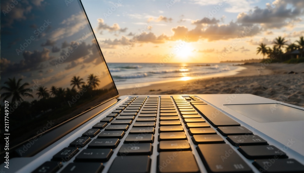 Obraz premium Laptop on beach at sunset, perfect for remote work or digital nomad lifestyle, blending productivity with tropical relaxation.