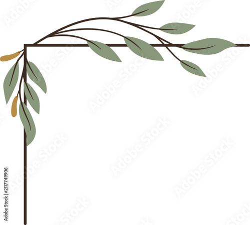 A brown branch with green leaves and yellow seed pods extends across the frame.