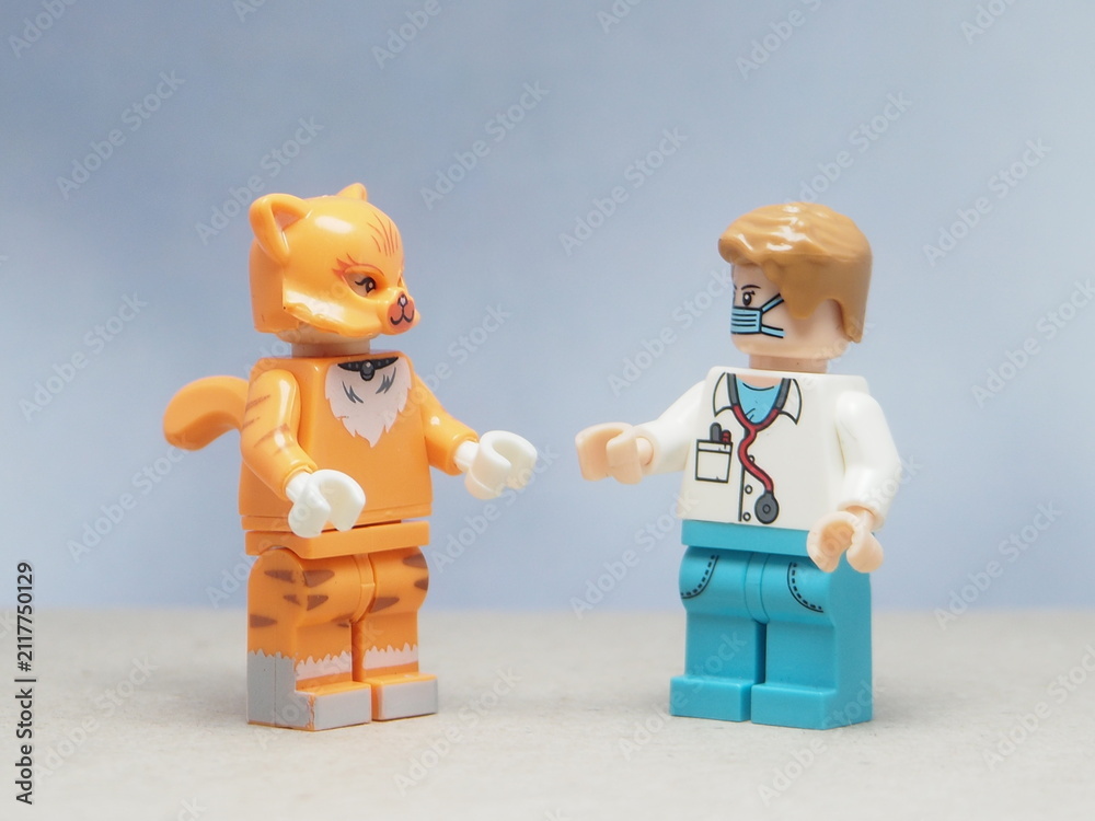 Naklejka premium Indonesia - May 16, 2025 : Mini toy of action figure at table with blurred background. Miniature photography concept design. Minifigure of orange cat and doctor character at clinic. Healthcare concept