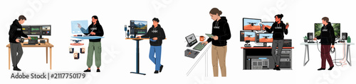 Illustration of diverse creative professionals working on video editing, audio production, and digital media across various modern tech-focused workstations and futuristic office environments.