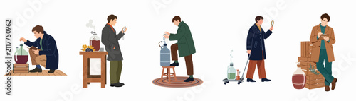 Cuadro en lienzo Set of illustrations depicting a man engaged in various steps of home winemaking and artisanal beverage production