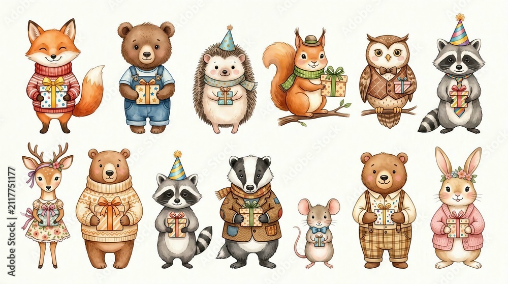Obraz premium Festive woodland animal illustration fox bear hedgehog squirrel owl raccoon deer rabbit mouse gift cartoon photo