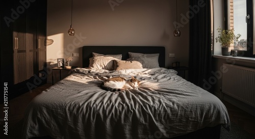 Cozy Feline Slumbers Amidst Warm Evening Sunlight In A Serene Bedroom