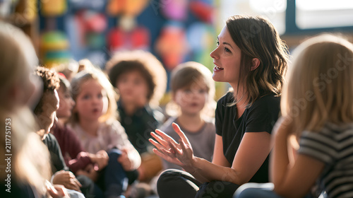 A deaf teacher signing to a mixed group of deaf and hearing children seated on the floor