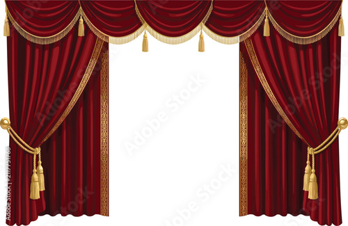 Luxurious burgundy and gold theater stage curtains featuring intricate patterns swags and hanging decorative tassels