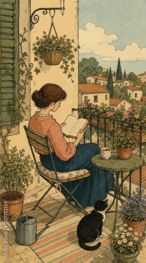 Obraz premium Vintage-style mobile wallpaper of a woman reading on a balcony with a cat.