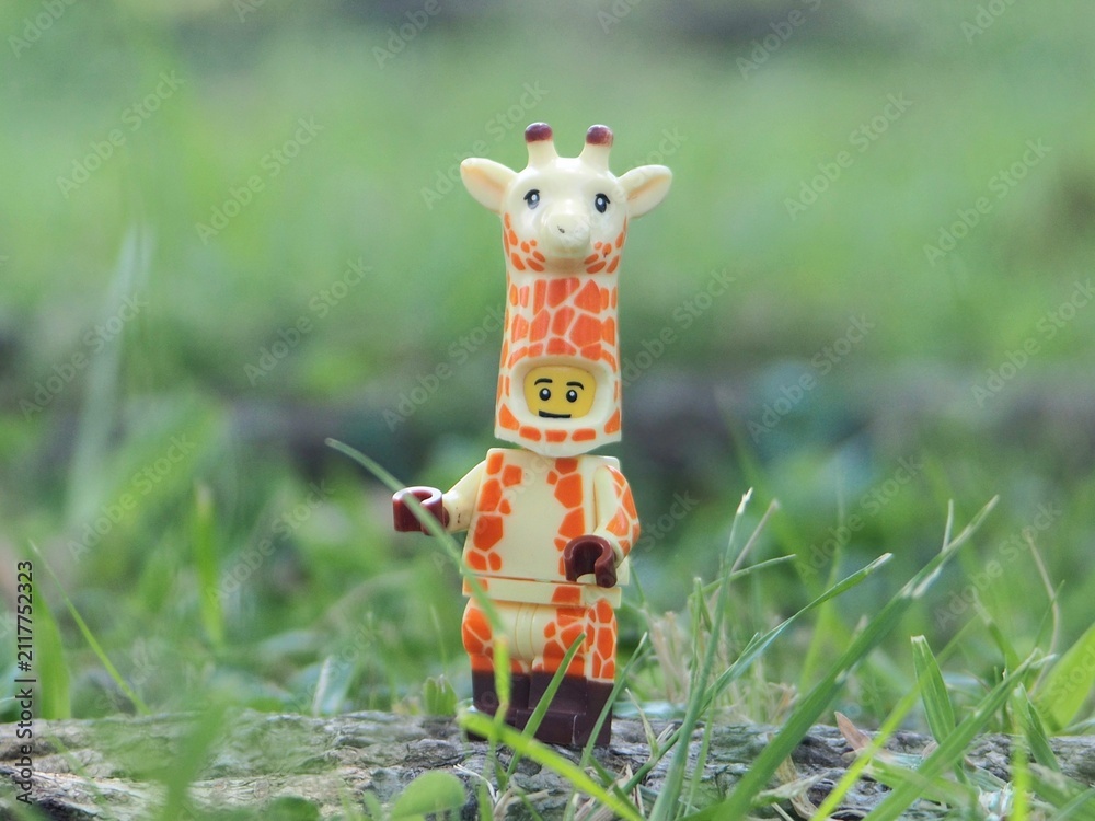 Fototapeta premium Indonesia - May 7, 2025 : Mini toy of action figure at outdoor with blurred background. Toy photography concept design. Minifigure of giraffe character at grassland.