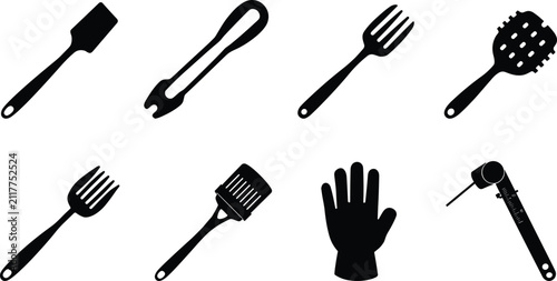 Canvas Print Kitchen utensils and barbecue tools icon set featuring spatula tongs fork bastin