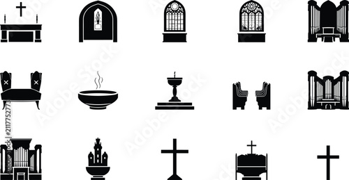 Foto Set of church interior black icons including altar cross stained glass window pi