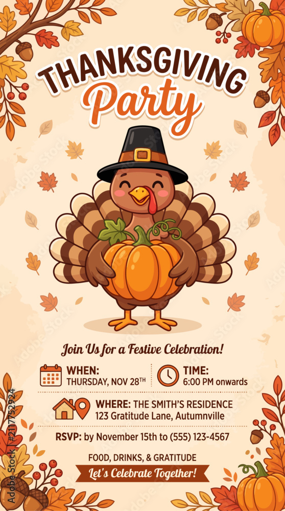 Naklejka premium Cute Thanksgiving Party Invitation Poster Template with Cartoon Pilgrim Turkey Holding a Pumpkin