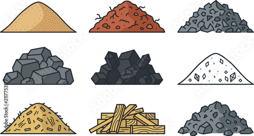 Canvastavla Construction material heap icon set featuring sand soil gravel coal stone crysta