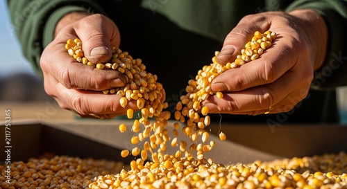 Senior farmer proudly displays freshly harvested corn grains with strong hands in slow motion