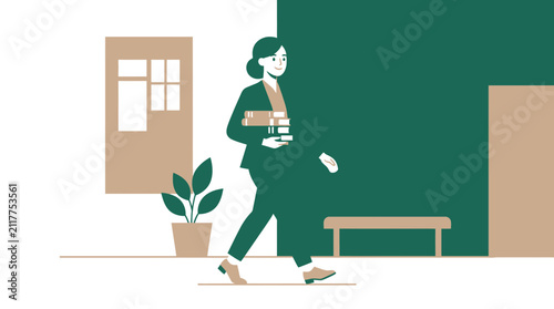 Flat Illustration of a Professional Female Teacher Walking and Carrying a Stack of Books in School