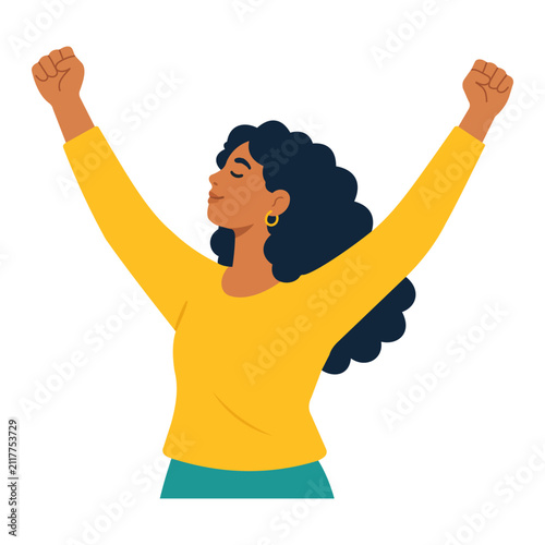 Woman with arms raised in celebration yellow sweater teal skirt curly hair confident pose victory success empowerment happiness joy, celebration