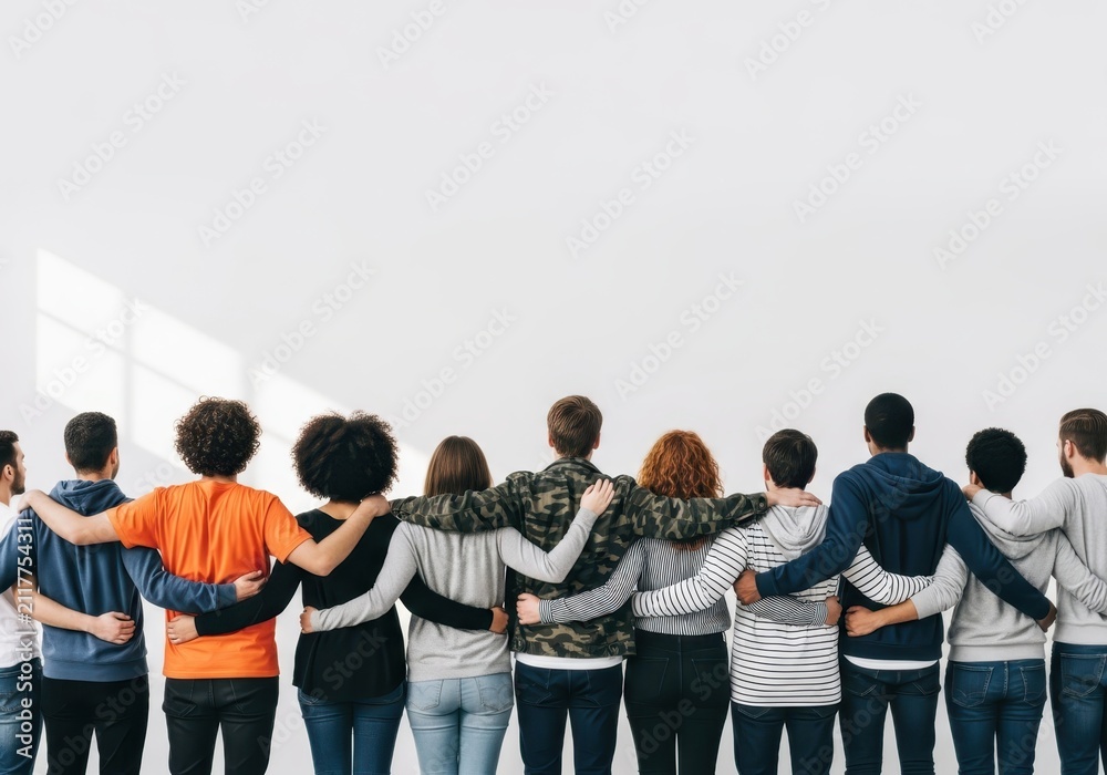 Obraz premium Diverse Group of Young People Standing Together with Arms Around Each Other Back View Unity and Friendship Concept
