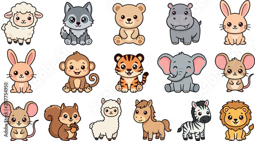 Photography Cute Kawaii Baby Animal Vector Collection with Happy Cartoon Tiger Elephant Lion