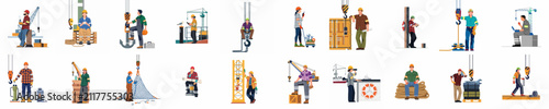 Collection of flat vector illustrations featuring diverse construction, maritime, and industrial workers in various professional and break-time scenarios on a white background.