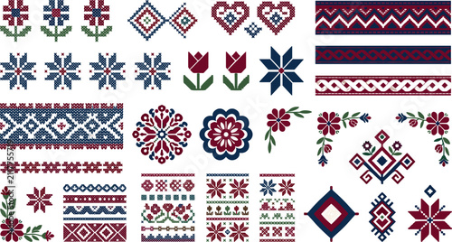 Traditional pixel cross stitch embroidery design kit featuring ethnic slavic folk borders geometric stars flowers hearts and red blue pattern vectors