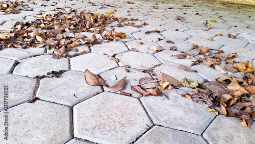 Brown autumn leaves scattered on gray hexagonal paving stones