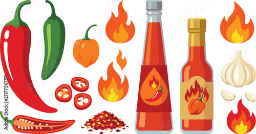 Bild auf Leinwand Hot chili sauce vector illustration kit featuring red and green peppers habanero