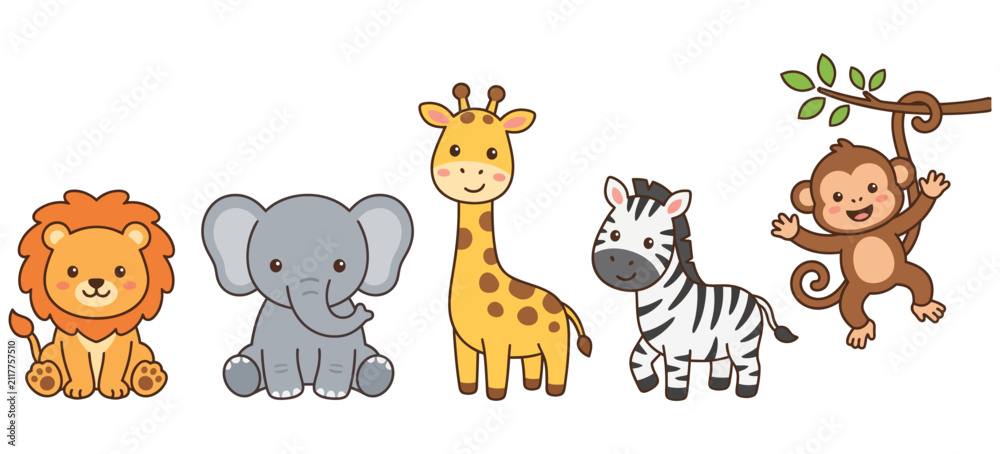 Obraz premium Cute Cartoon Safari Wild Animals Set Vector Illustration