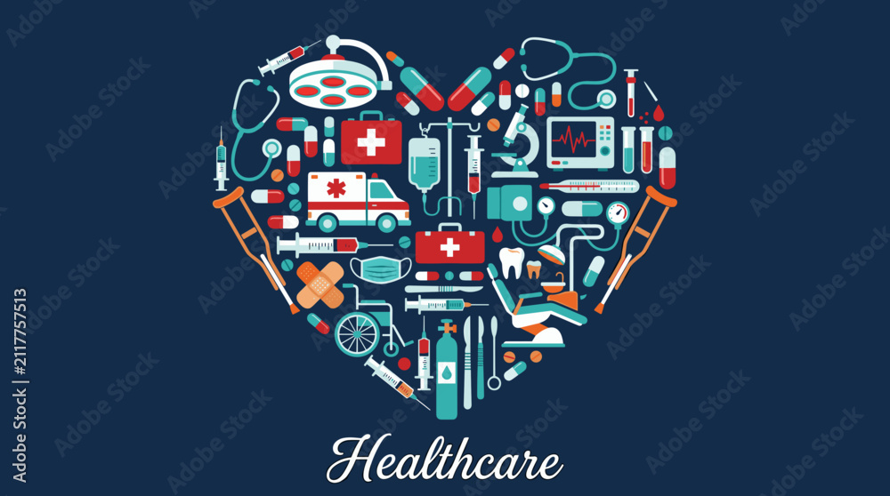 Fototapeta premium Medical Heart Composition with Healthcare Icons on Dark Blue Background