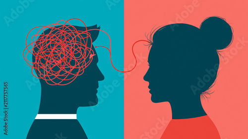 Two head silhouettes with tangled thread straightening to signal improved communication on a minimalist teal and coral background
