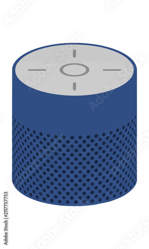 Minimalist smart speaker with a cylindrical mesh body and smooth top interface in a flat navy and gray palette isolated on white. Smart home technology concept