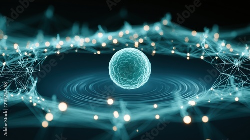 Glowing Teal Orb at the Center of Light Strands With Indigo Void in the Background Creates a Unique Visual Experience