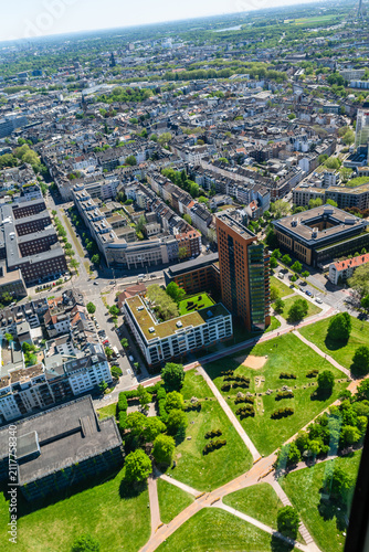 German city of Dusseldorf from above. Amazing panoramic view from tower.